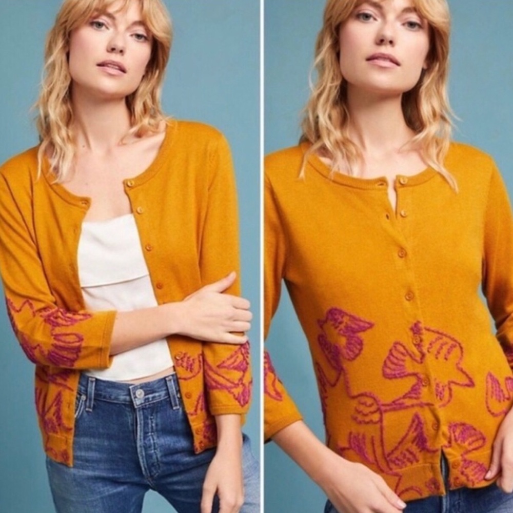 Anthropologie Field Flowers Mustard Cardigan with Embroidered Birds, XS